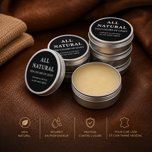 Baume nourrissant pour cuir présenté en boîtes aluminium, avec une texture crémeuse et des pictogrammes indiquant qu’il nourrit, protège et convient au cuir lisse et tanné végétal.
