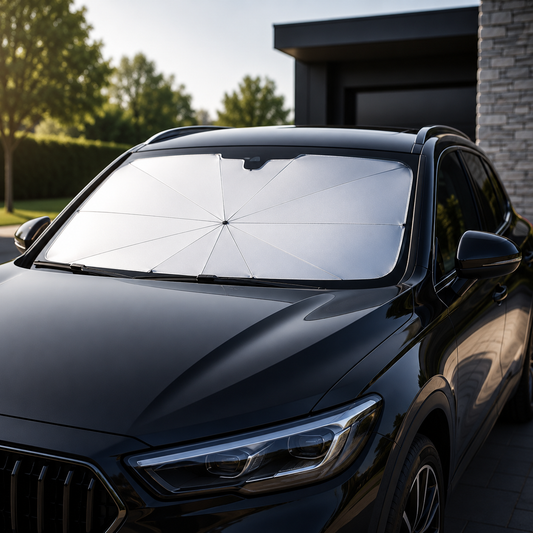 Pare-soleil voiture pliable couvrant le pare-brise d'un SUV pour réduire la chaleur et bloquer les rayons UV.
