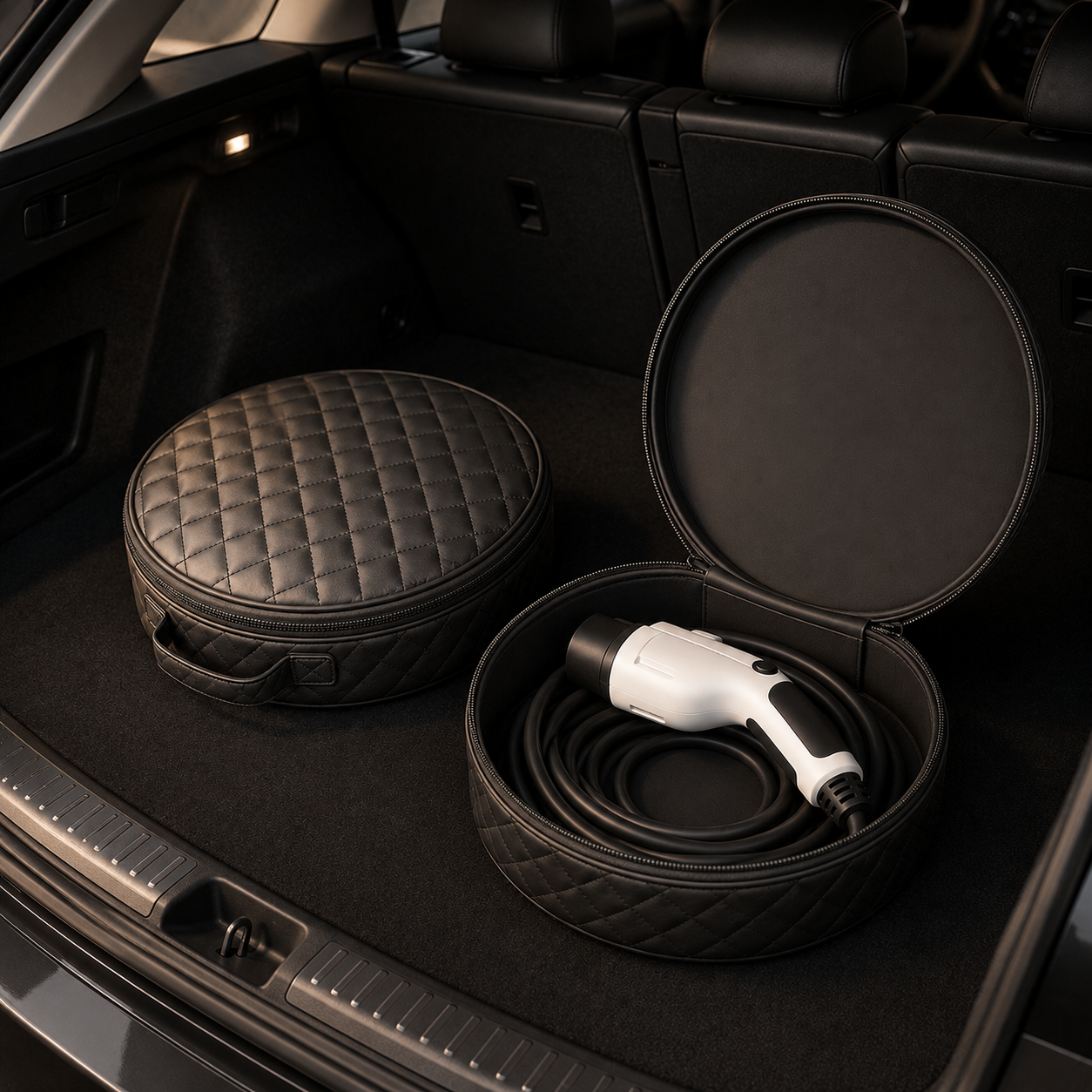 Pochette de rangement ronde pour câble de recharge de voiture électrique avec câble rangé dans le coffre d'un véhicule.