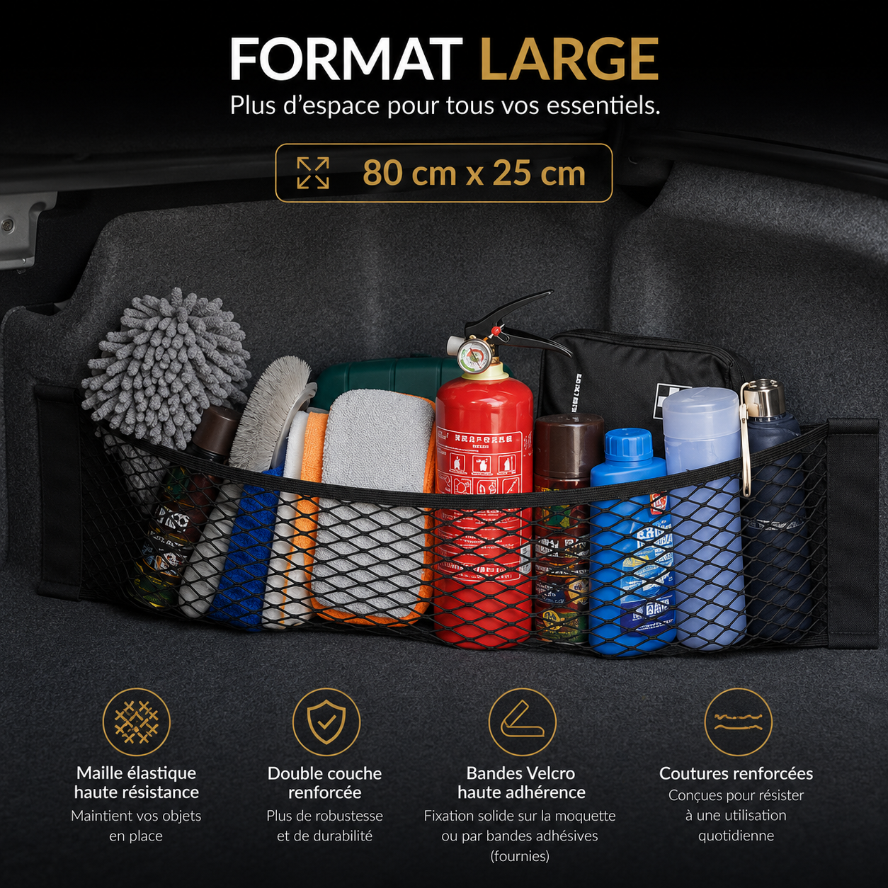 Filet de rangement compact pour coffre de voiture de 80 × 25 cm permettant d'organiser les accessoires auto en toute sécurité.