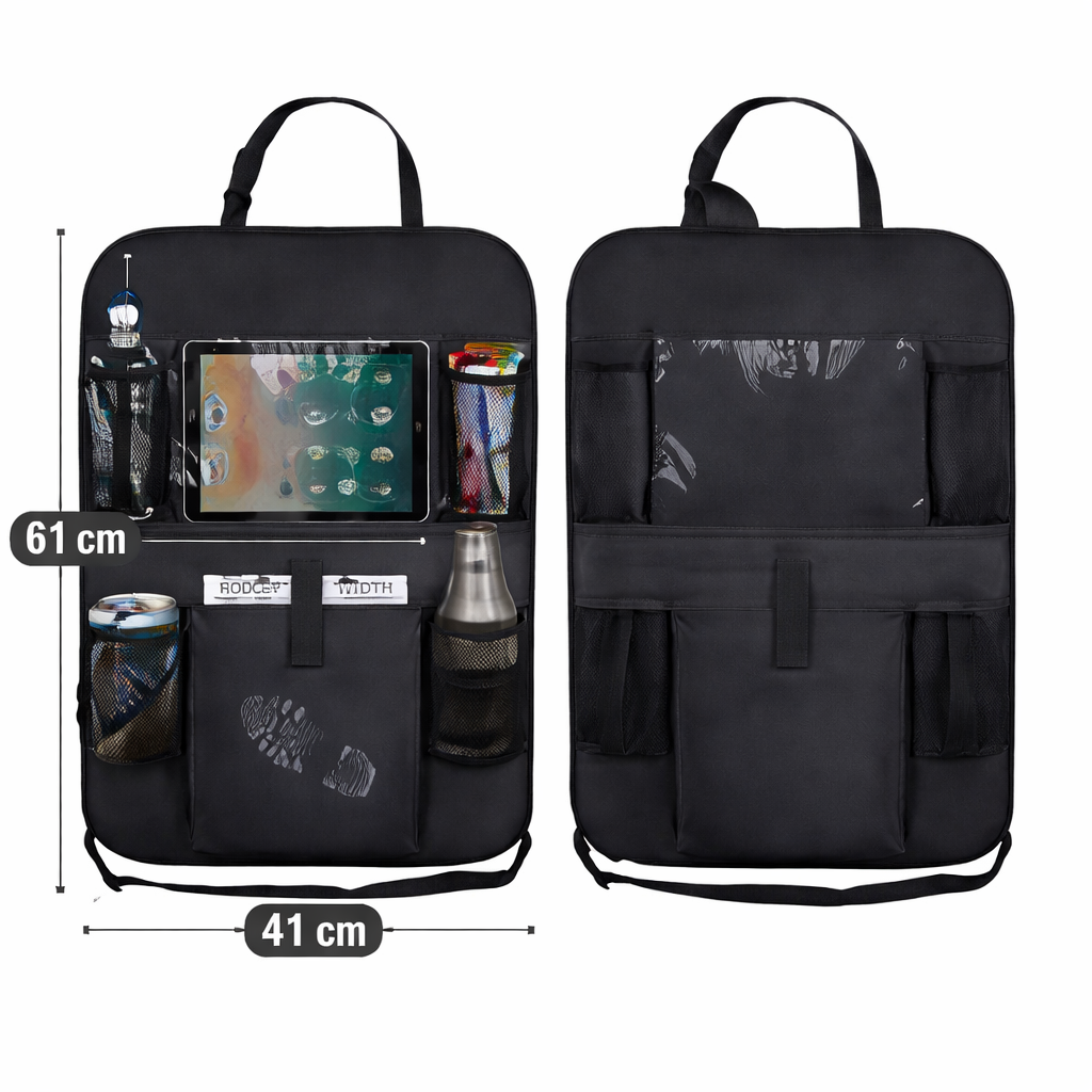 Organisateur de siège arrière de voiture avec support tablette et poches de rangement, dimensions 61 cm x 41 cm