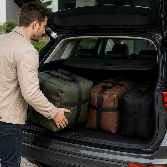 Personne chargeant un sac de voyage grande capacité dans le coffre d'un SUV.