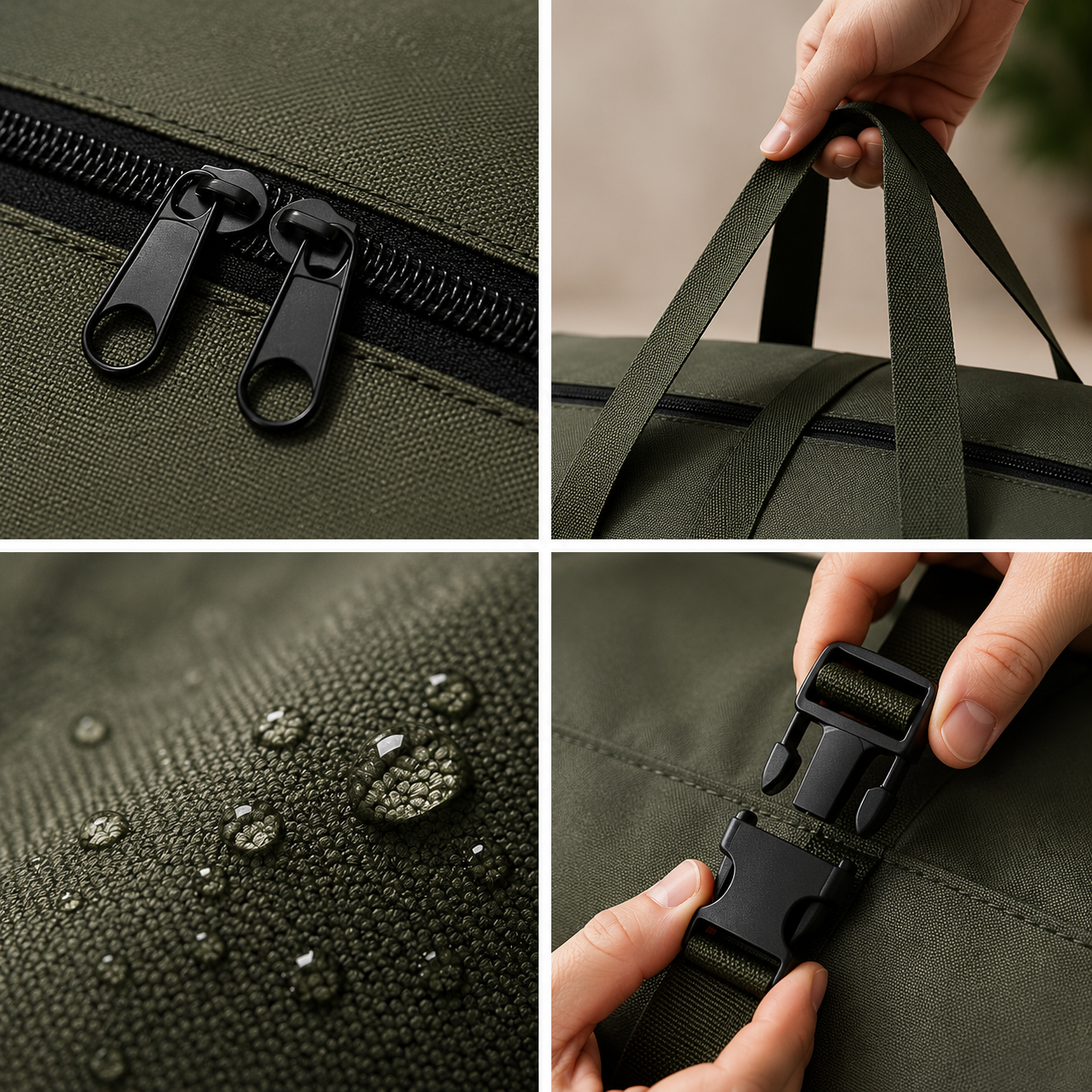 Détails du sac de voyage en tissu Oxford : double fermeture éclair, poignées renforcées, tissu imperméable et boucle de compression.