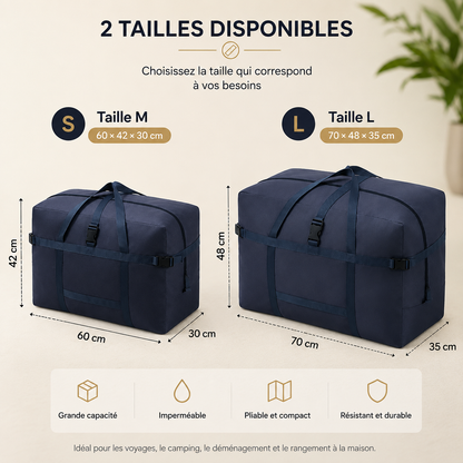 Comparatif des deux tailles du sac de voyage grande capacité en tissu Oxford : 60 × 42 × 30 cm et 70 × 48 × 35 cm.