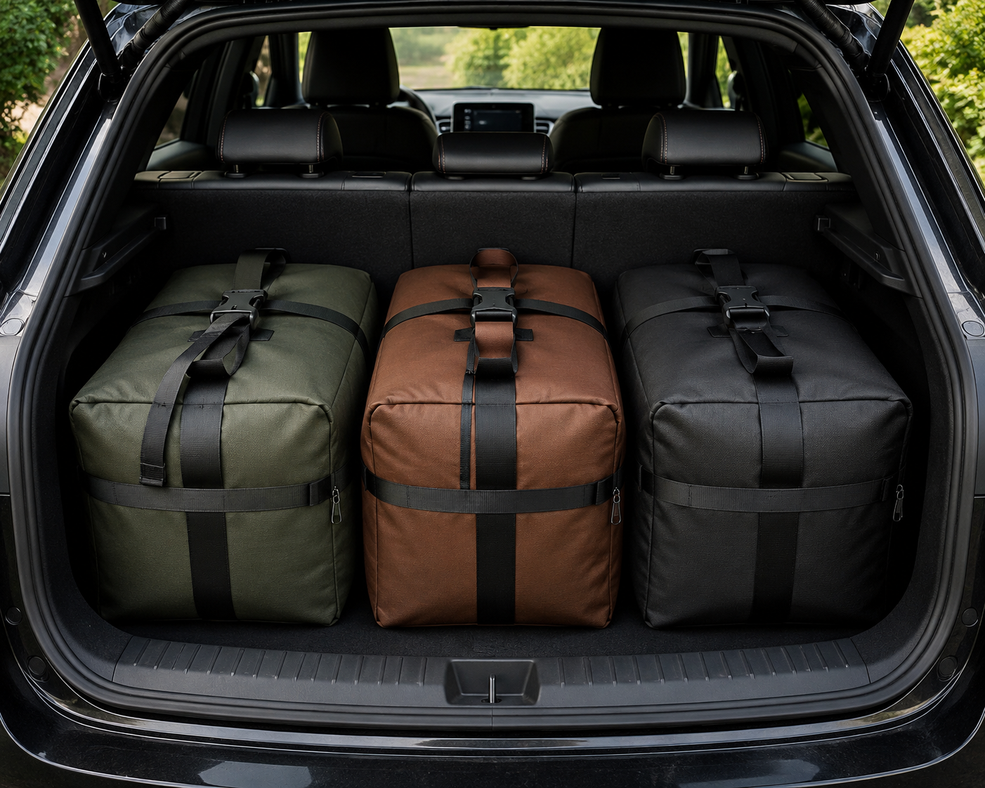 Trois sacs de voyage grande capacité en tissu Oxford rangés dans le coffre d'une voiture, idéals pour les voyages et les vacances.