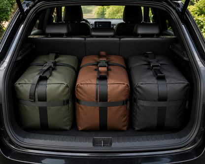 Trois sacs de voyage grande capacité en tissu Oxford rangés dans le coffre d'une voiture, idéals pour les voyages et les vacances.