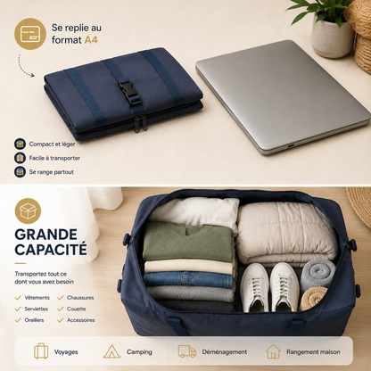 Sac de voyage pliable en tissu Oxford se repliant au format A4 et offrant une grande capacité de rangement pour les voyages et le camping.