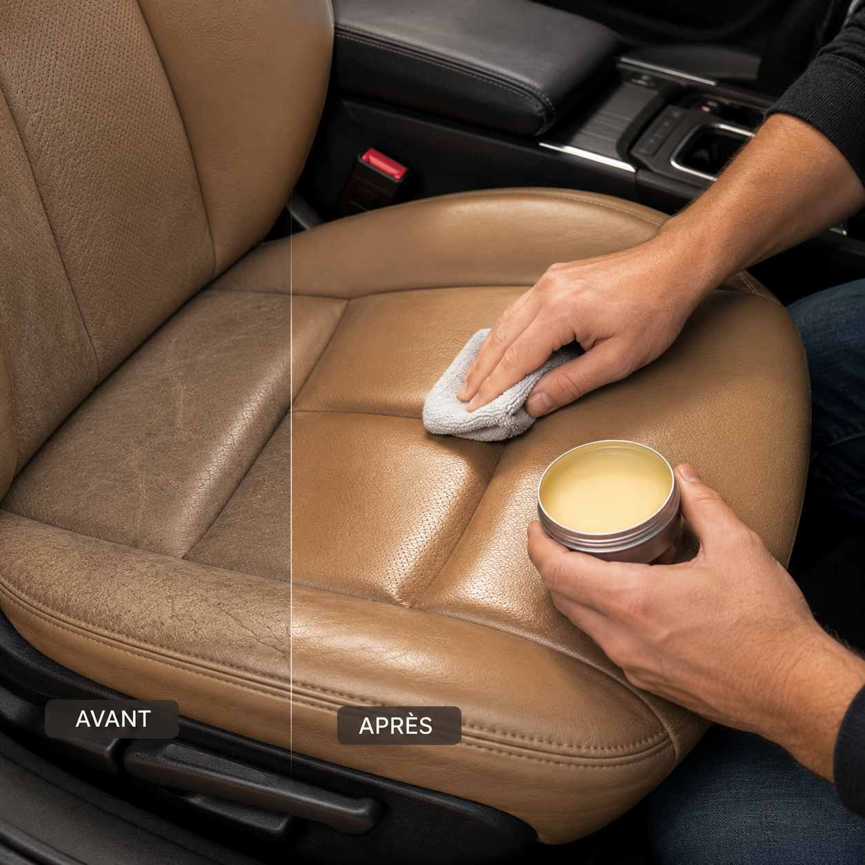 Application d'un baume d'entretien sur un siège de voiture en cuir avec comparaison avant/après montrant un cuir nourri et ravivé.
