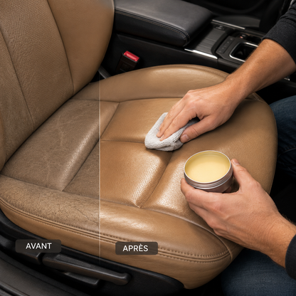 Application d'un baume d'entretien sur un siège de voiture en cuir avec comparaison avant/après montrant un cuir nourri et ravivé.