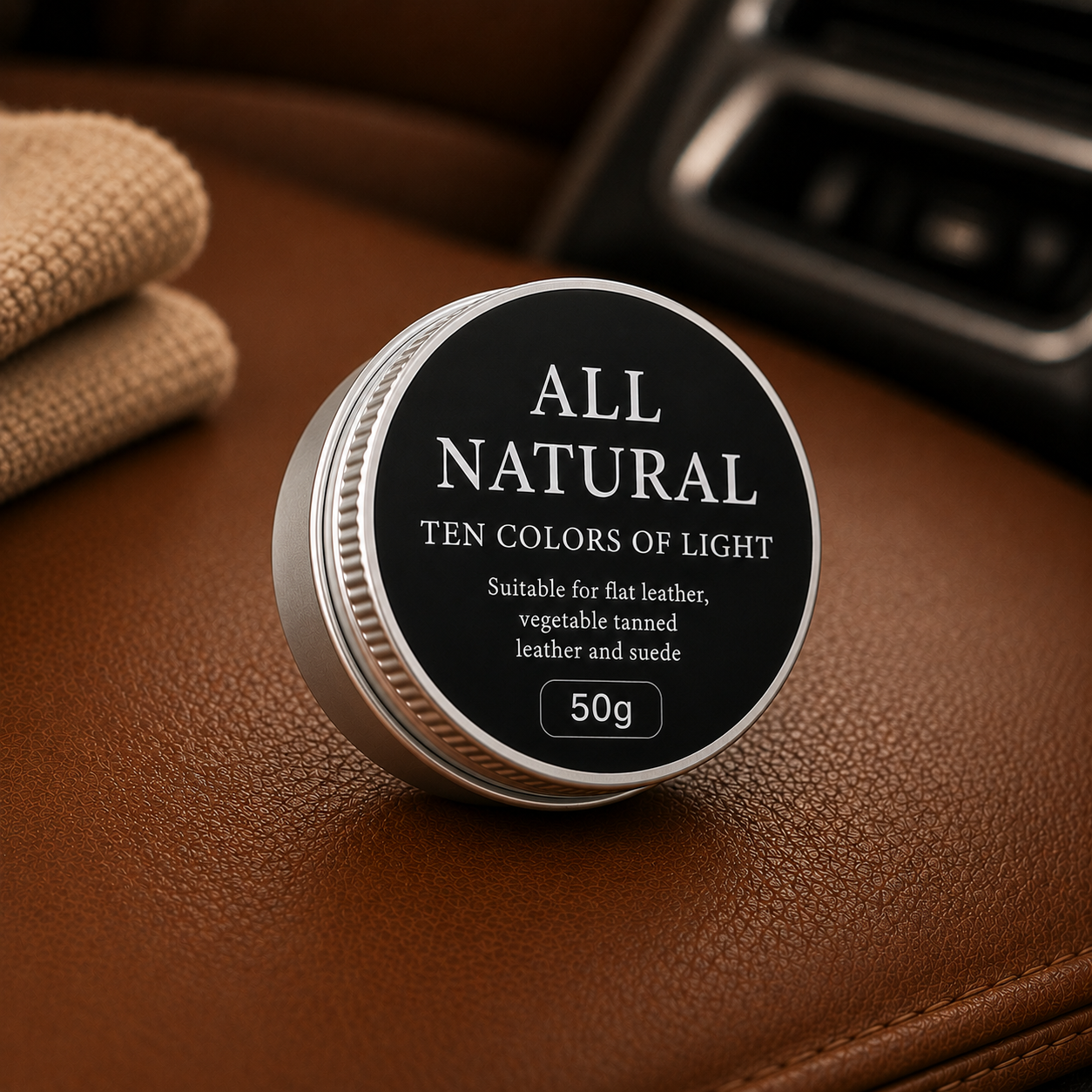 Baume nourrissant pour cuir 50 g en boîte aluminium sur un siège de voiture en cuir.