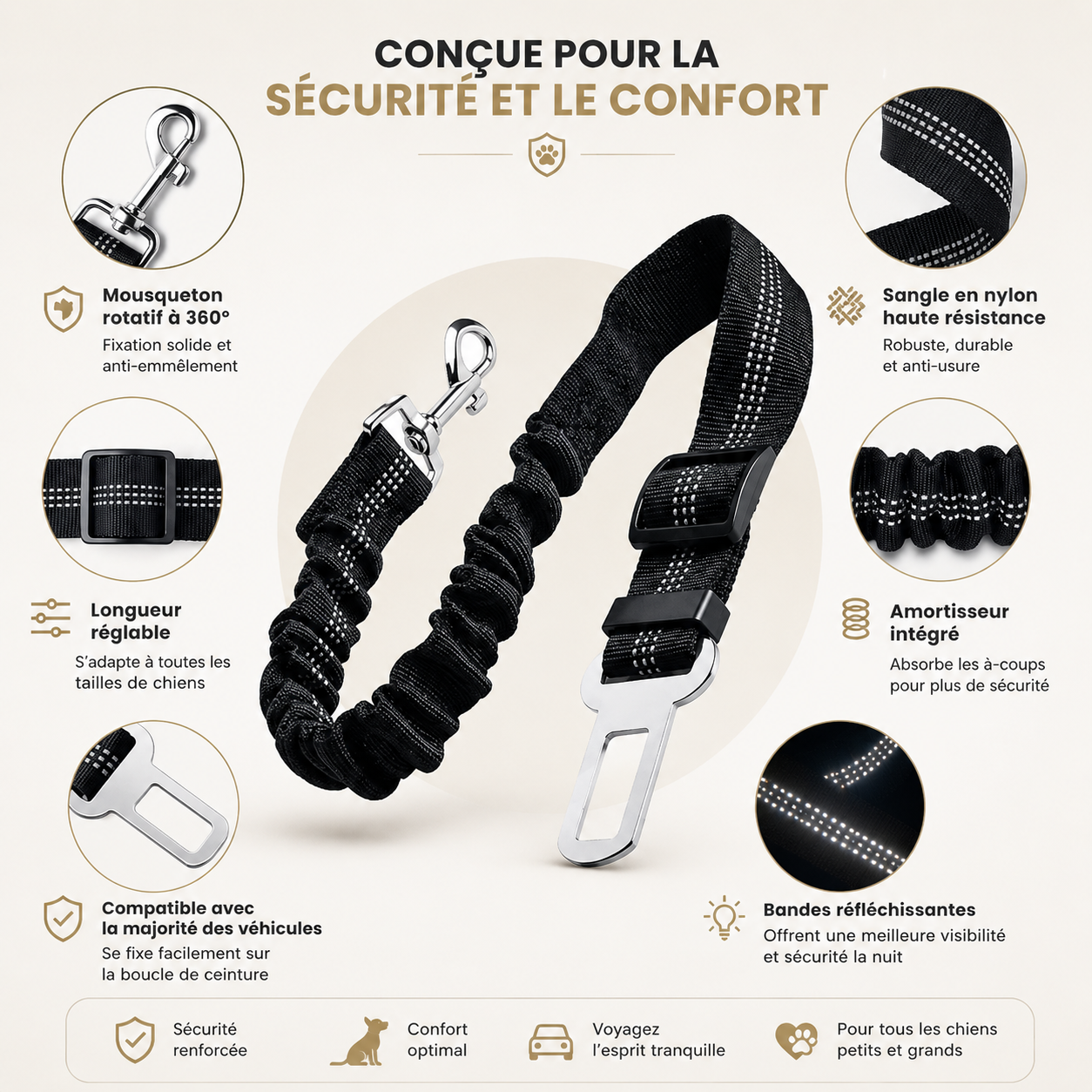 Ceinture de sécurité pour chien réglable avec amortisseur