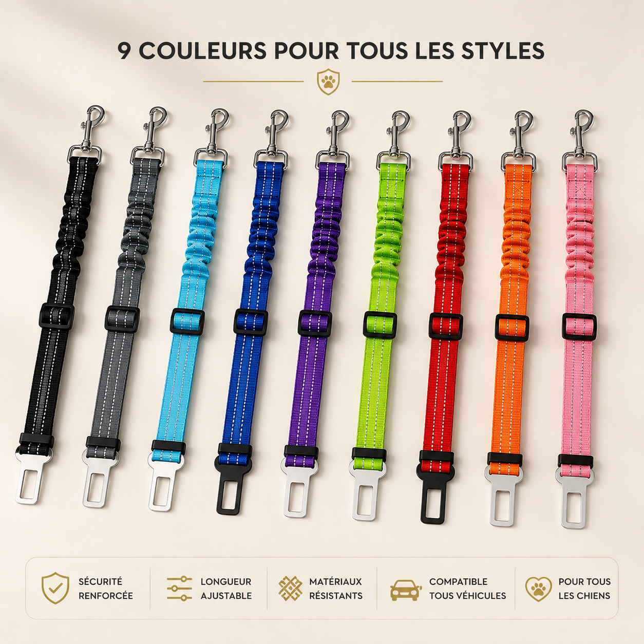 Ceinture de sécurité pour chien réglable avec amortisseur