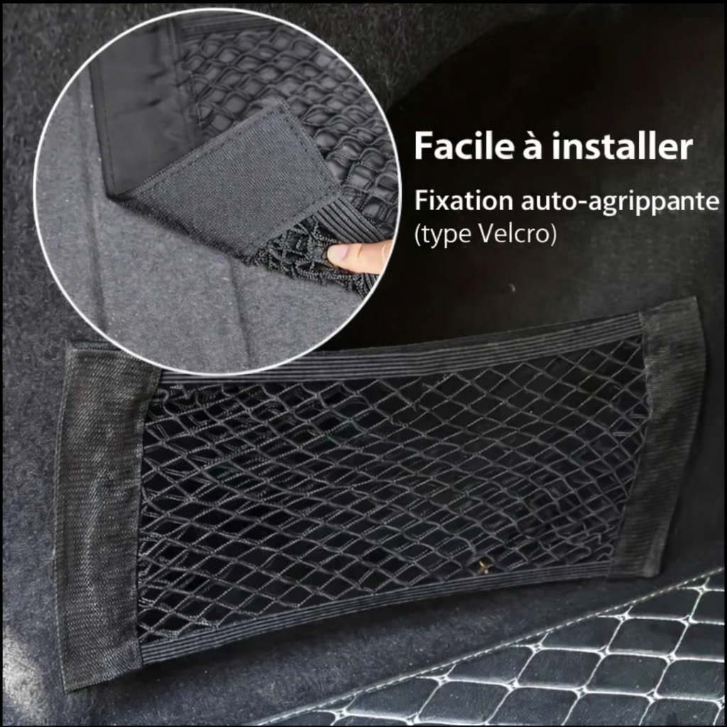 Filet de rangement voiture avec fixation auto-agrippante type Velcro.
