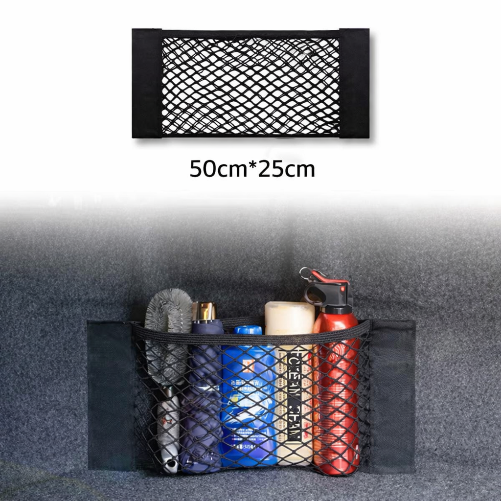 Filet de rangement coffre voiture 50 × 25 cm en maille noire.