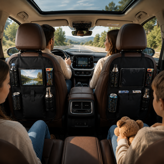Organisateur de siège arrière pour voiture avec support tablette et multiples rangements, installé dans un SUV familial lors d’un trajet sur route.