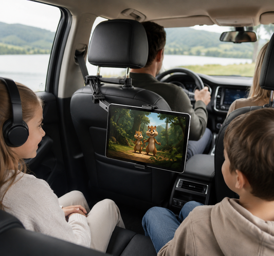 Support de tablette fixé à l'appuie-tête d'une voiture, utilisé par une famille lors d'un trajet pour divertir les enfants à l'arrière.