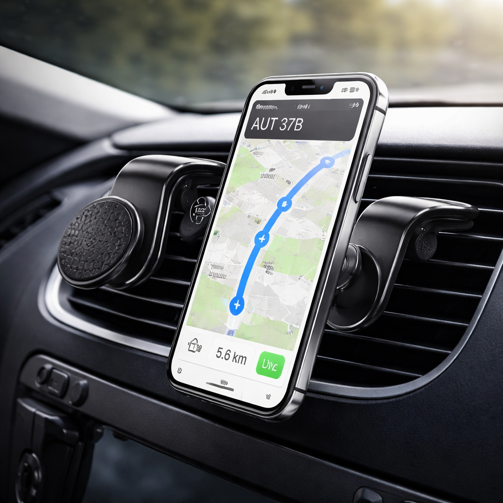 Support téléphone magnétique pour voiture fixé sur grille d’aération, utilisé avec smartphone affichant un GPS dans un intérieur de voiture moderne