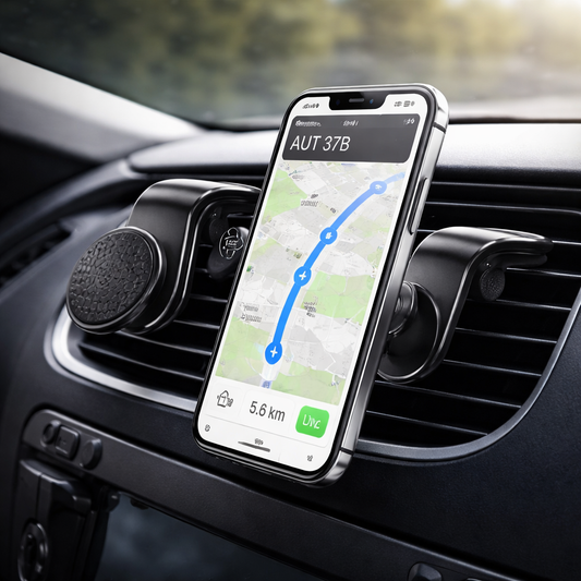 Support téléphone magnétique pour voiture fixé sur grille d’aération, utilisé avec smartphone affichant un GPS dans un intérieur de voiture moderne