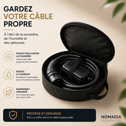 Pochette de rangement pour câble de recharge de voiture électrique avec câble soigneusement rangé, protégeant de la poussière, de l'humidité et des salissures.