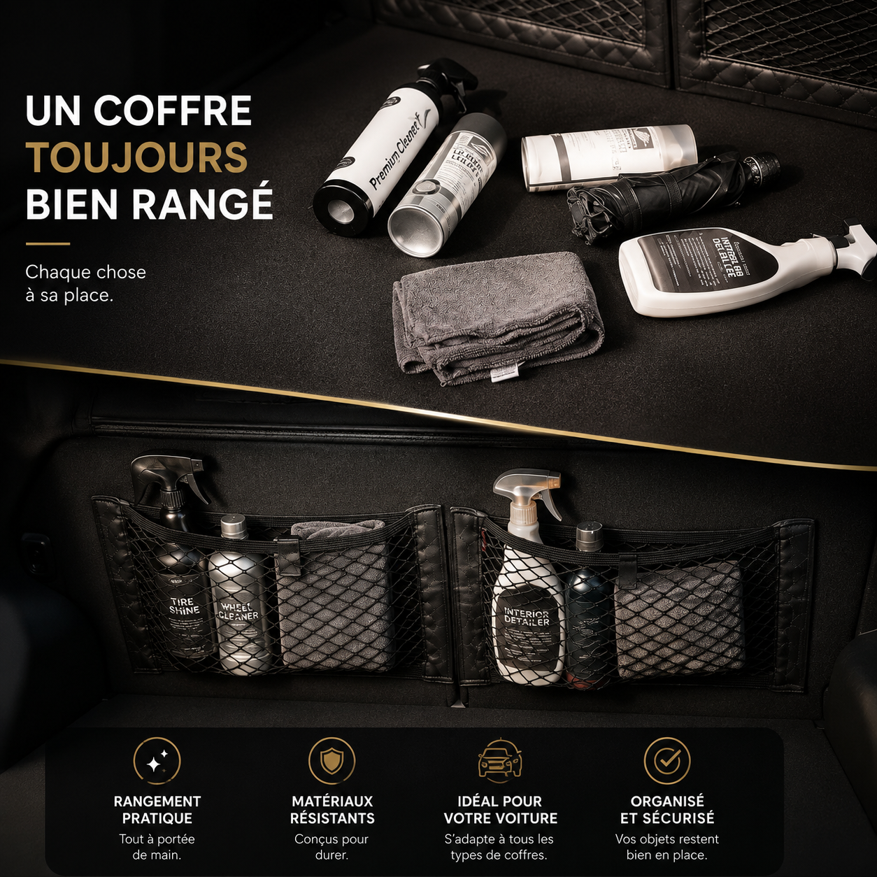 Comparaison avant / après d'un coffre de voiture avec filet de rangement pour organiser les accessoires auto.