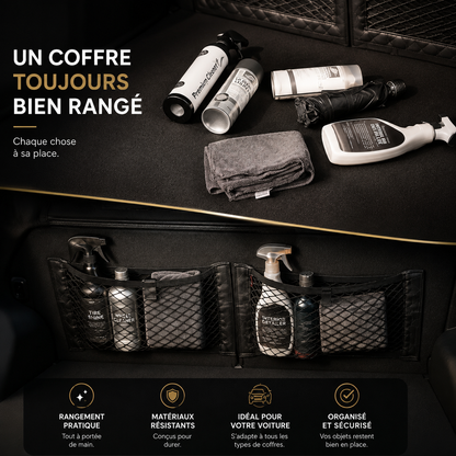 Comparaison avant / après d'un coffre de voiture avec filet de rangement pour organiser les accessoires auto.
