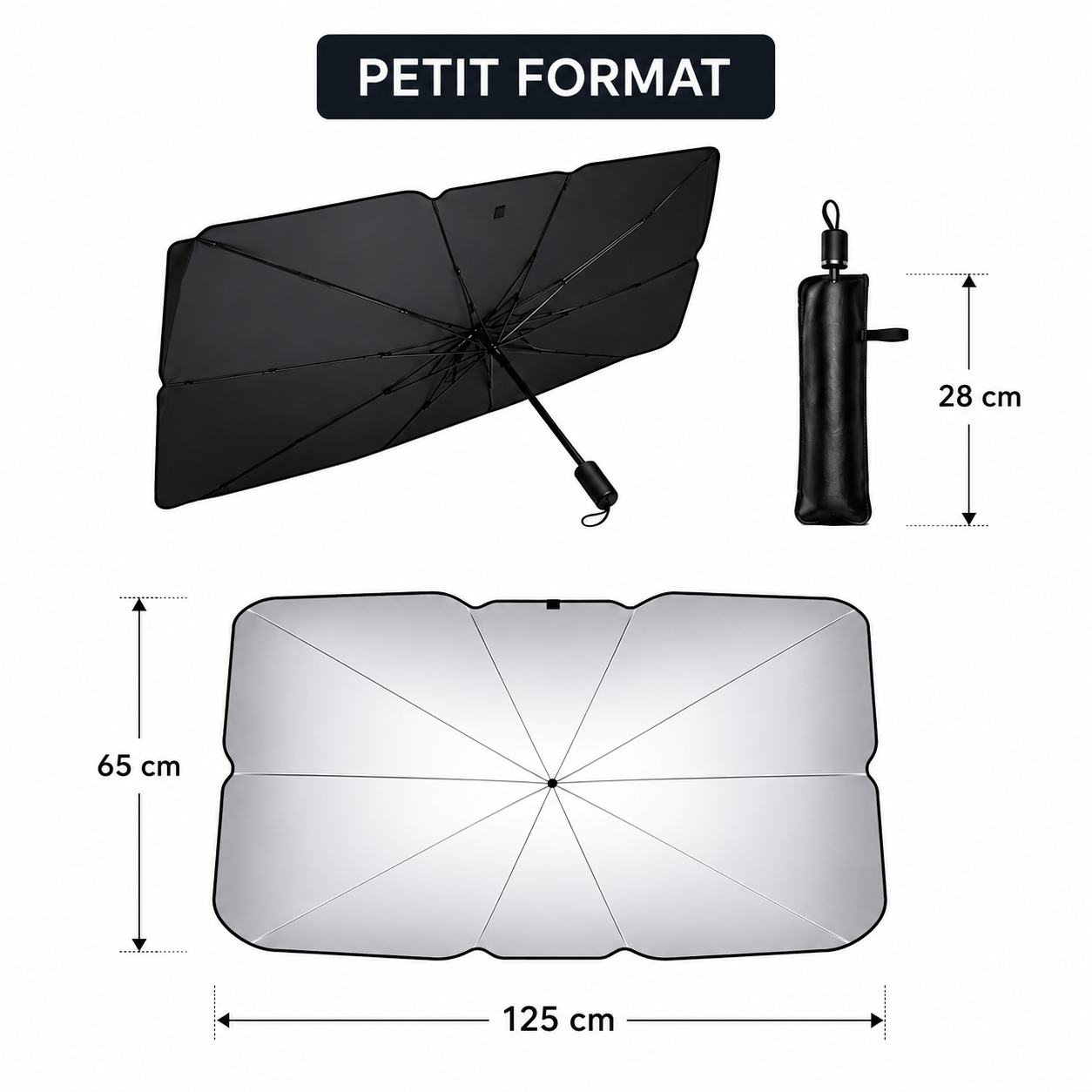 Pare-soleil voiture pliable petit format 125 x 65 cm avec housse de rangement compacte, idéal pour citadines et véhicules compacts.