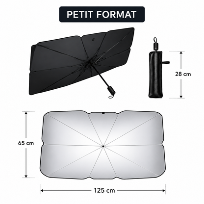 Pare-soleil voiture pliable petit format 125 x 65 cm avec housse de rangement compacte, idéal pour citadines et véhicules compacts.
