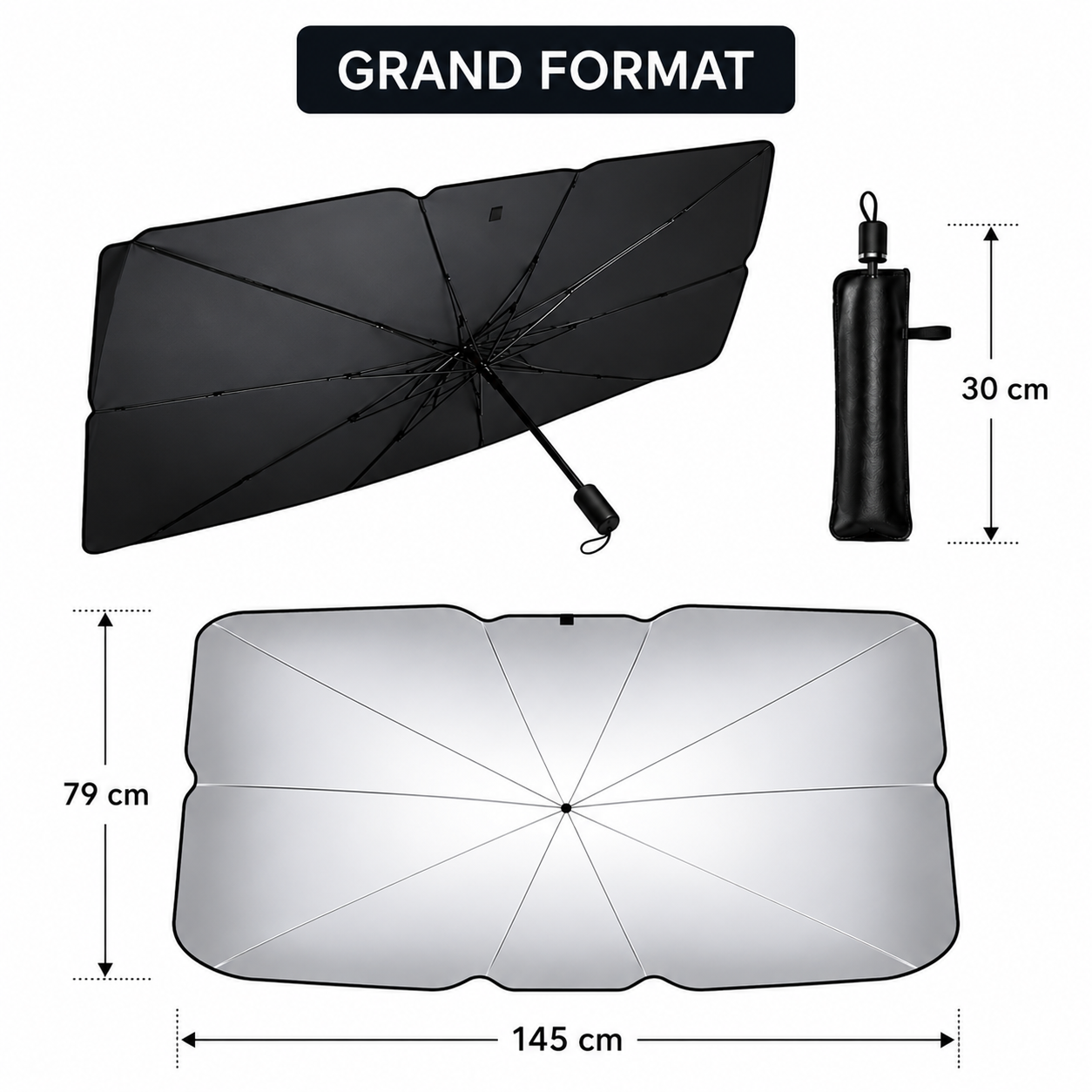 Pare-soleil voiture pliable grand format 145 x 79 cm avec housse de rangement compacte, compatible avec de nombreux véhicules.