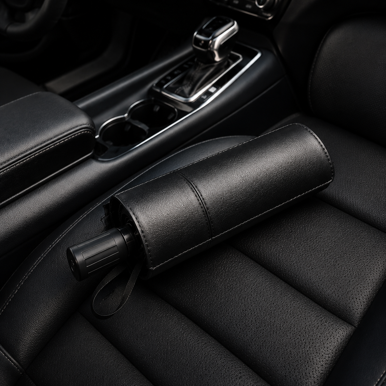 Pare-soleil pare-brise pliable compact dans sa housse de rangement sur siège de voiture.