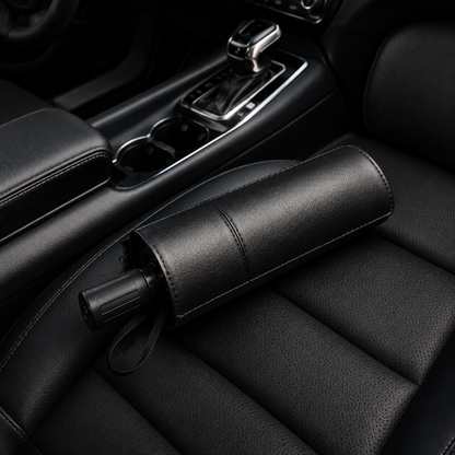 Pare-soleil pare-brise pliable compact dans sa housse de rangement sur siège de voiture.