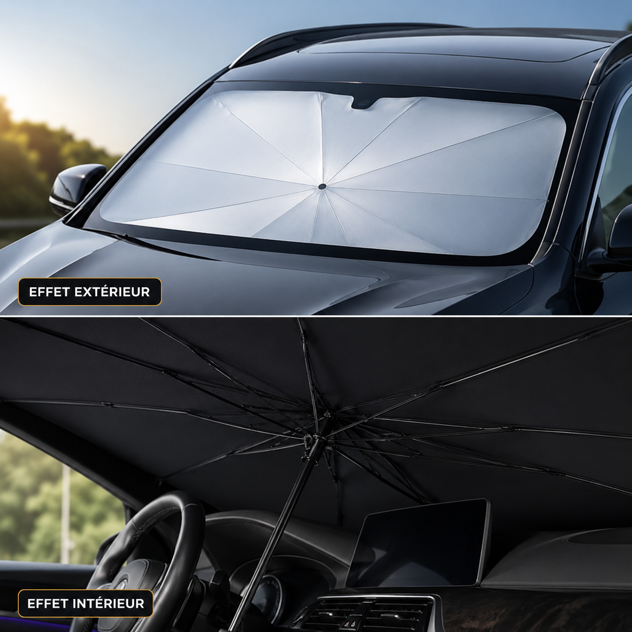 Pare-soleil pare-brise voiture montrant la protection extérieure et l'installation intérieure du système pliable type parapluie.