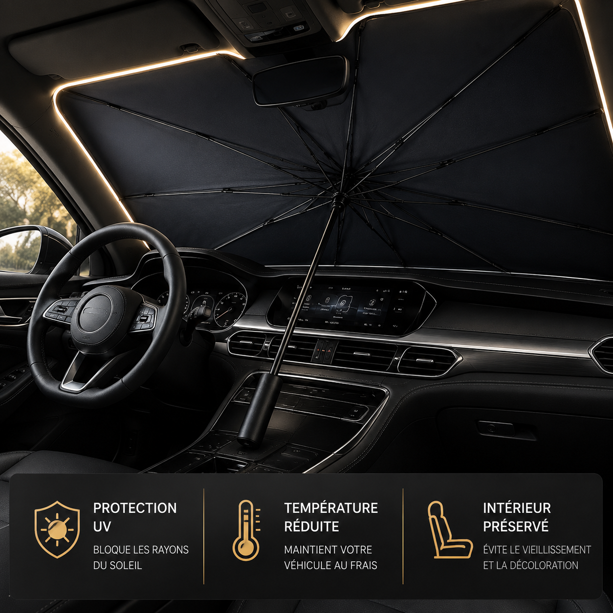 Pare-soleil voiture pliable type parapluie protégeant l'habitacle de la chaleur, des rayons UV et du vieillissement intérieur.