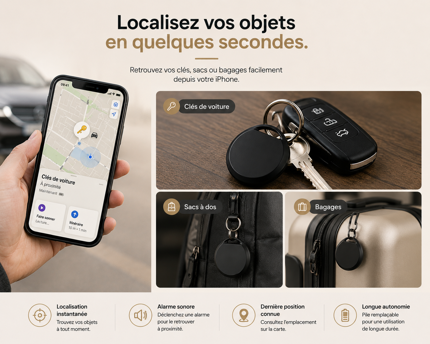 Smart Tag Bluetooth utilisé sur des clés, un sac à dos et une valise pour localiser facilement vos objets personnels.