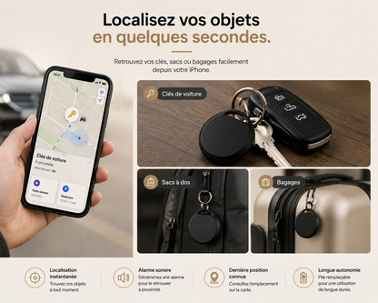 Smart Tag Bluetooth utilisé sur des clés, un sac à dos et une valise pour localiser facilement vos objets personnels.