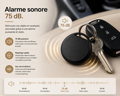 Smart Tag avec alarme sonore intégrée de 75 dB pour retrouver rapidement vos clés ou votre sac à proximité.