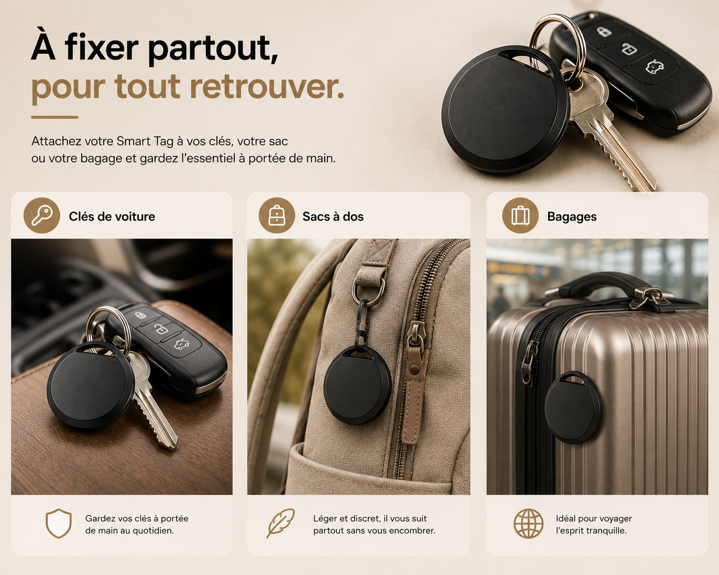 Smart Tag Bluetooth utilisé sur des clés, un sac à dos et une valise pour localiser facilement vos objets personnels.