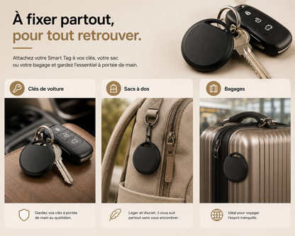 Smart Tag Bluetooth utilisé sur des clés, un sac à dos et une valise pour localiser facilement vos objets personnels.