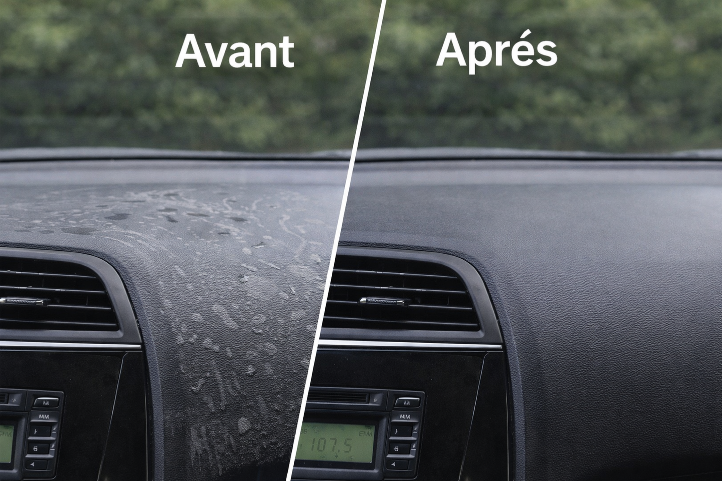 Avant après nettoyage tableau de bord voiture avec microfibre, résultat sans traces et surface propre