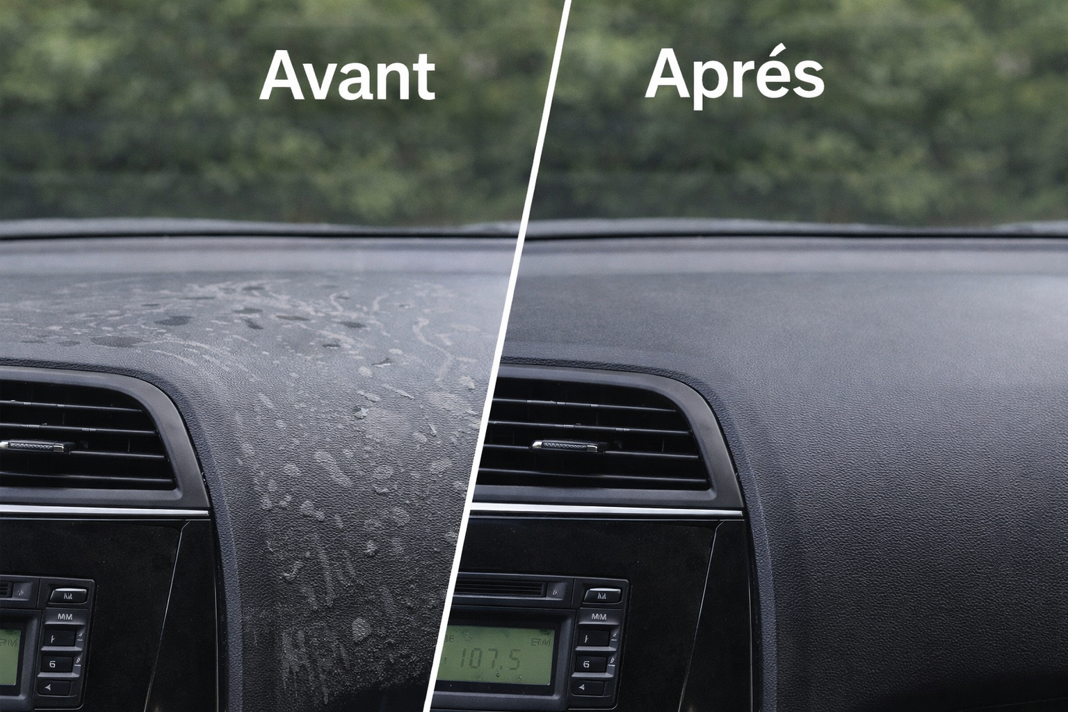 Avant après nettoyage tableau de bord voiture avec microfibre, résultat sans traces et surface propre