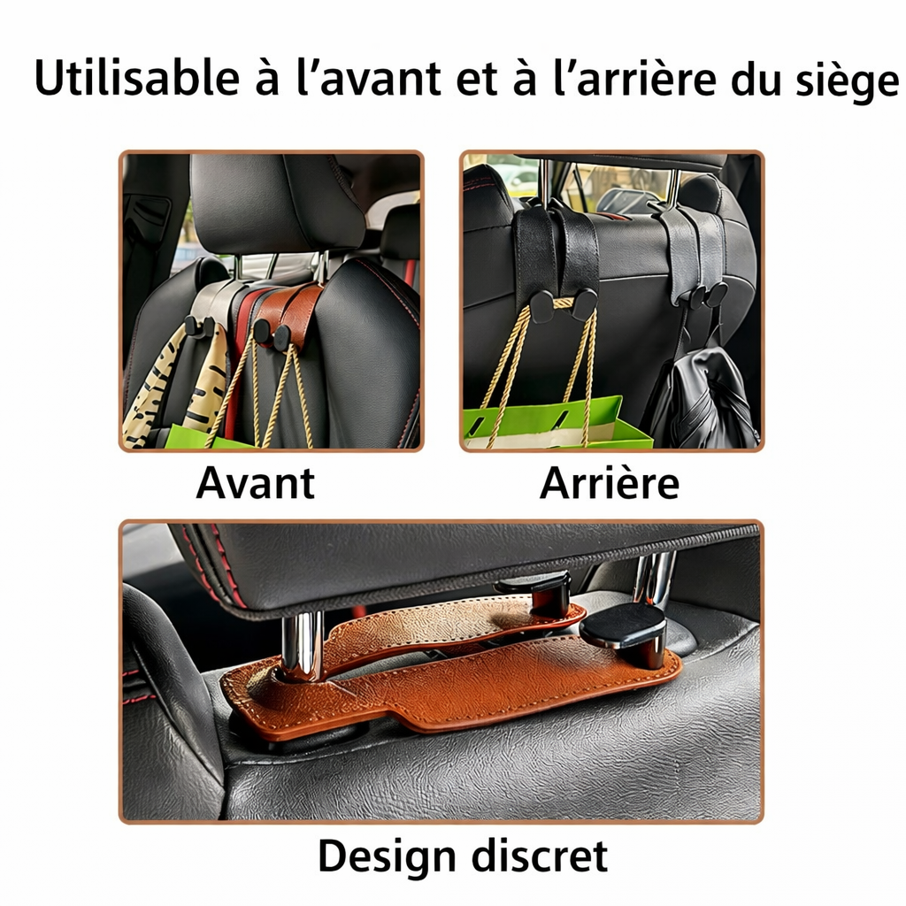 Crochets appuie-tête voiture montrant installation à l’avant et à l’arrière du siège avec design discret et pliable