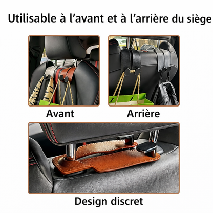 Crochets appuie-tête voiture montrant installation à l’avant et à l’arrière du siège avec design discret et pliable