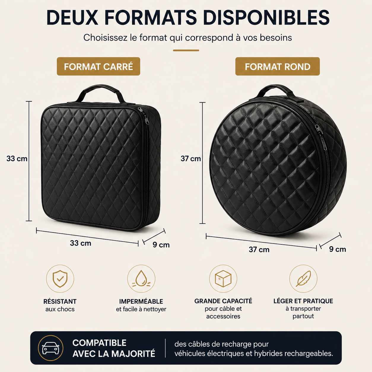 Pochette de rangement pour câble de recharge de voiture électrique, deux formats disponibles : carré 33 × 33 × 9 cm et rond 37 × 37 × 9 cm.