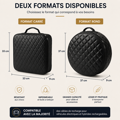 Pochette de rangement pour câble de recharge de voiture électrique, deux formats disponibles : carré 33 × 33 × 9 cm et rond 37 × 37 × 9 cm.