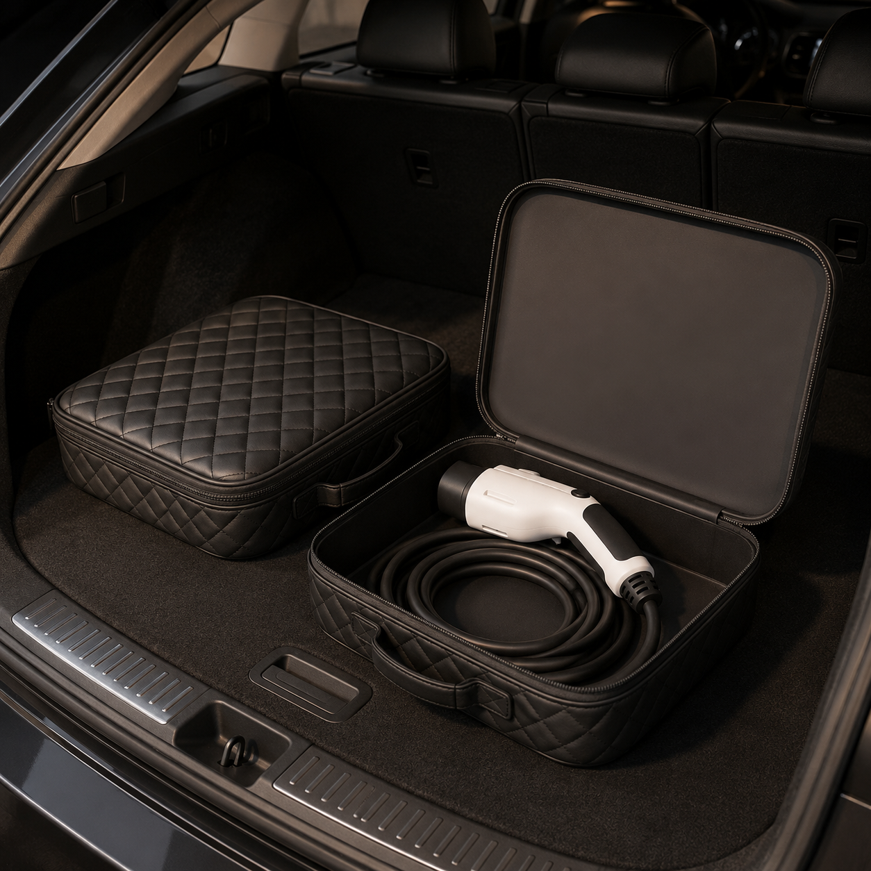 Pochette de rangement carrée pour câble de recharge de voiture électrique avec câble rangé dans le coffre d'un véhicule.