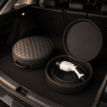Pochette de rangement ronde pour câble de recharge de voiture électrique avec câble rangé dans le coffre d'un véhicule.