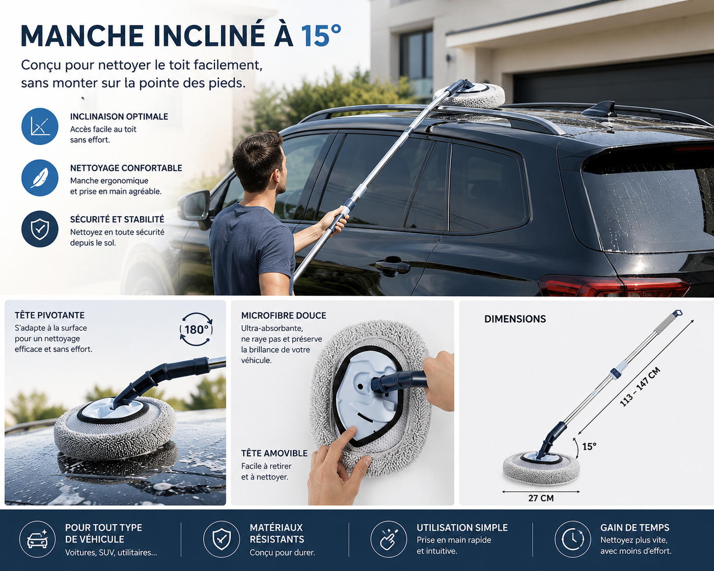 Balai de Lavage Télescopique Microfibre 180°
