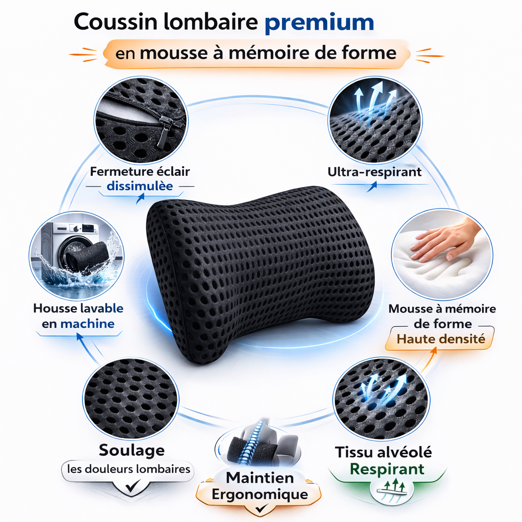 Coussin lombaire ergonomique noir en maille 4D, maintien du bas du dos, confortable et respirant