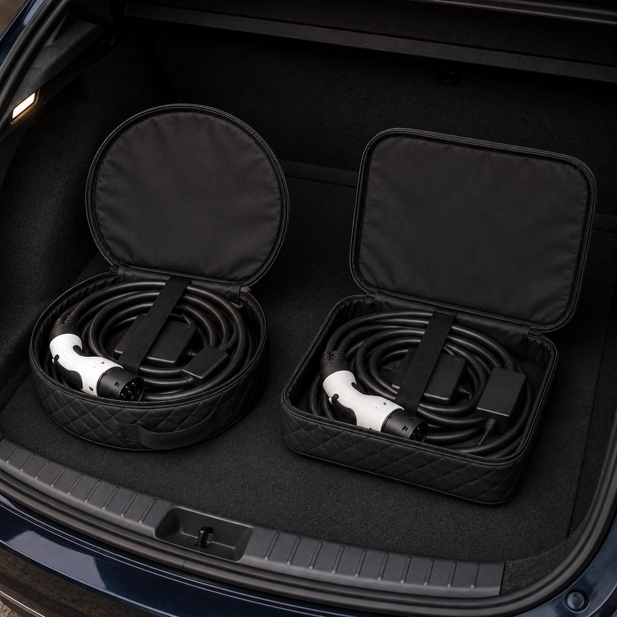 Pochette de rangement pour câble de recharge de voiture électrique, formats rond et carré, avec câble rangé dans le coffre d'un véhicule.