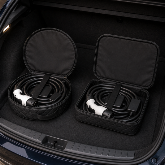 Pochette de rangement pour câble de recharge de voiture électrique, formats rond et carré, avec câble rangé dans le coffre d'un véhicule.