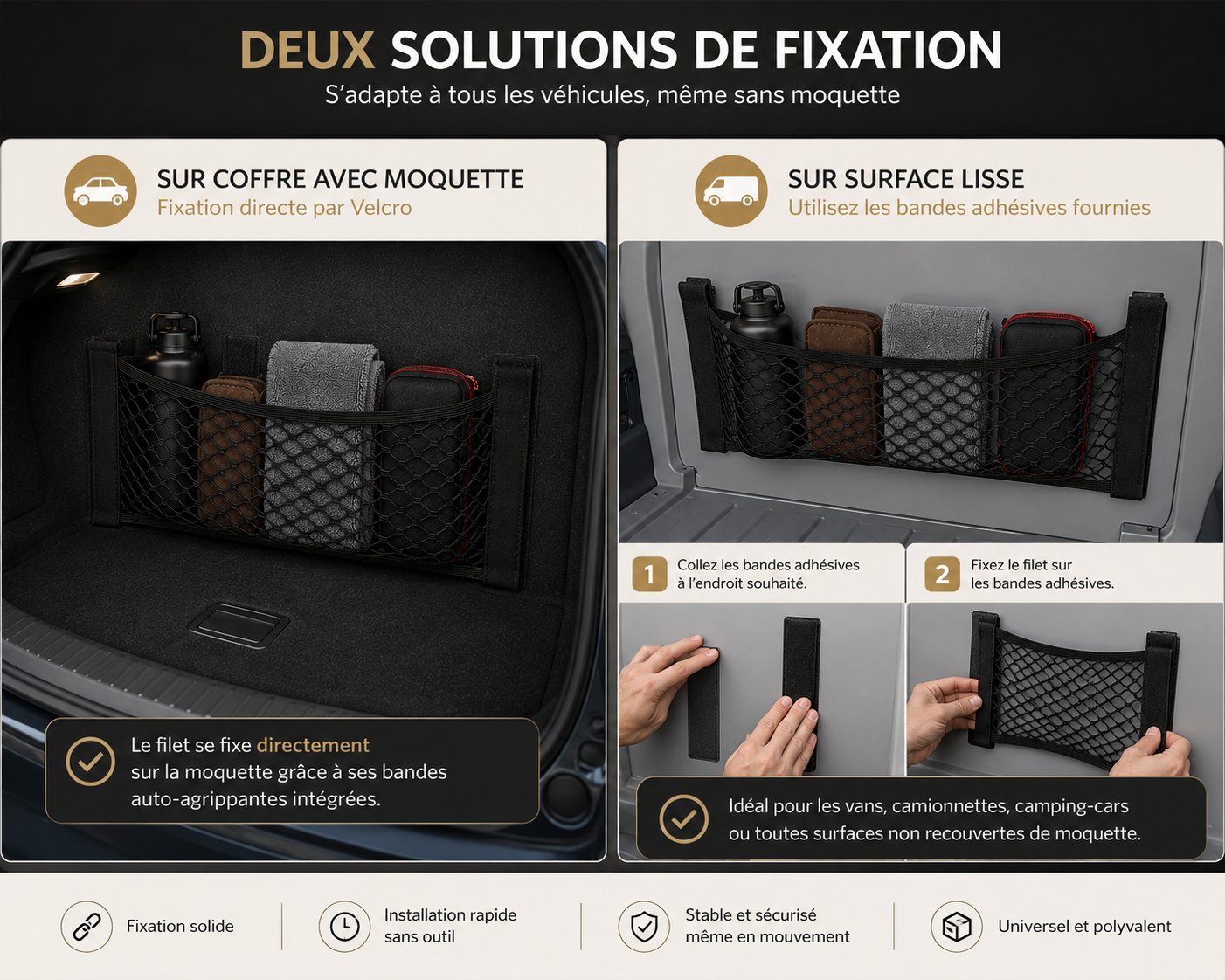 Comparaison des deux méthodes de fixation du filet de rangement pour coffre de voiture : sur moquette avec Velcro ou sur surface lisse avec bandes adhésives.